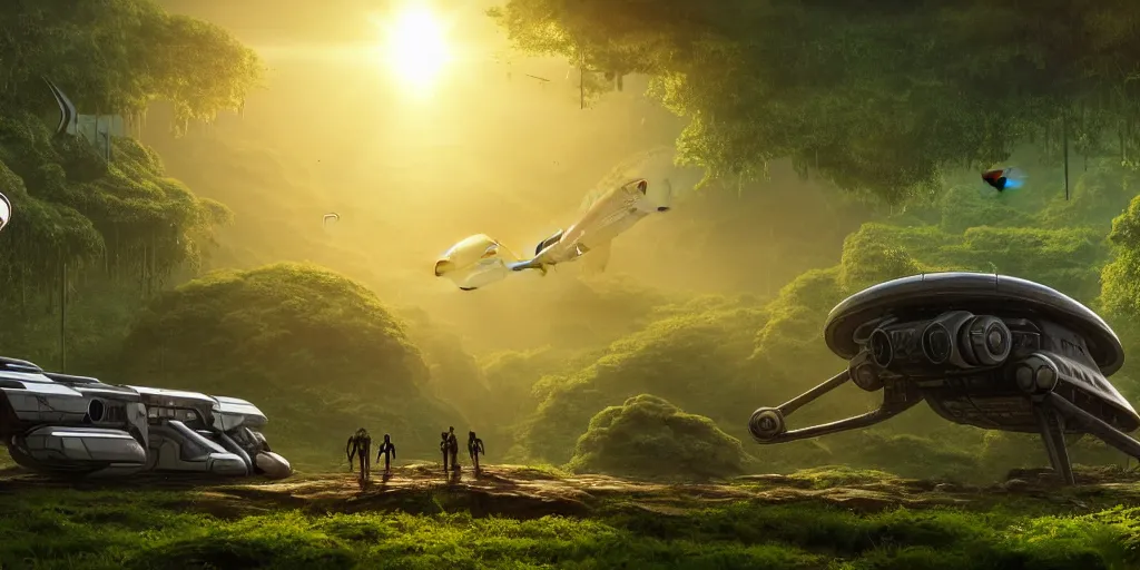 Image similar to a futuristic rusty old alien spaceship, next to it a smaller exploration ship on a landing pad, surrounded by a lush jungle, in the foreground two explorers are having a conversation and small animals are walking around, golden hour, sun beams, volumetric light, hyperdetailed, artstation, cgsociety, 8k