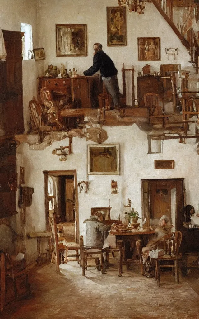 Image similar to Inside a white swedish cottage, a man with a brown coat is coming home to greet his family that is seated behind a wooden table in the right part of the picture in the style of ilya repin.
