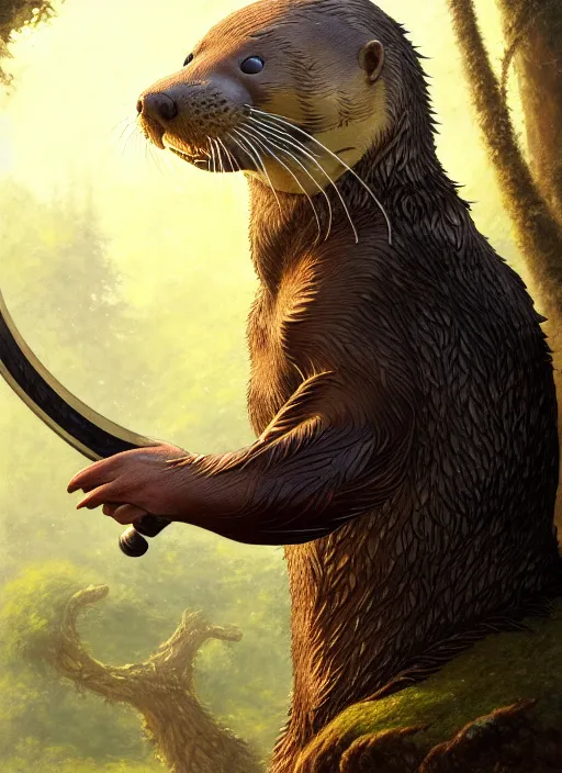 Image similar to a film still portrait of a otter warrior, finely detailed features, cinematic lighting, perfect art, brian jacques redwall woodland, forest, intricate, artstation, trending on pixiv fanbox, painted by brian jacques greg rutkowski, studio ghibli, fantasy, 4 k