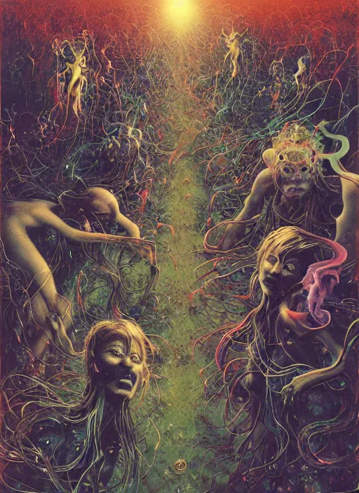 Prompt: realistic detailed image of a friendly figures of smiling ghosts and dmt jesters made of light walking back and forth in the wide abstract grass field by Ayami Kojima, Amano, Karol Bak, Greg Hildebrandt. rich deep colors. Beksinski painting, part by Adrian Ghenie and Gerhard Richter. art by Takato Yamamoto. masterpiece