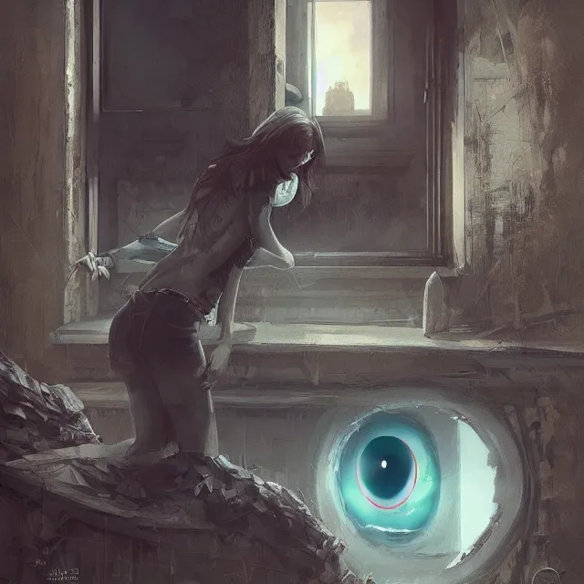 Image similar to window, eye, women, buildings, surprise, scared, couch by wlop, artgerm, greg rutkowski