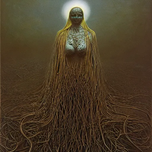 Prompt: the queen of the sun by zdzislaw beksinski and h. r. giger, oil on canvas