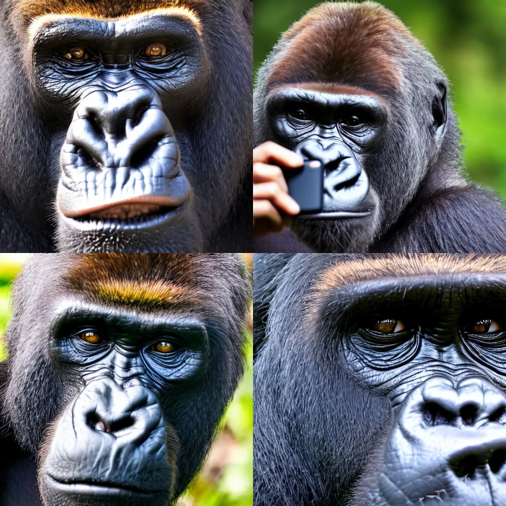 Prompt: gorilla taking a selfie, photo close up