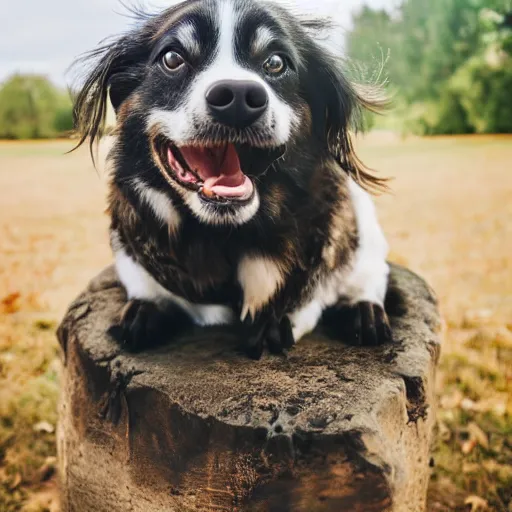 Image similar to a smiling dog sitting on top of a cat, professional photography