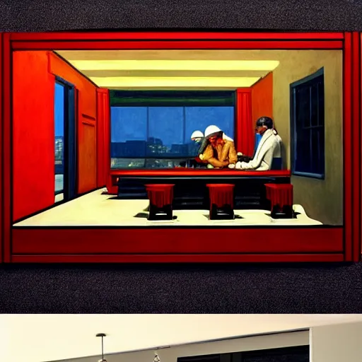Image similar to a modern dining room design in the style of the nighthawks by edward hopper using 3 d max trending on artstation