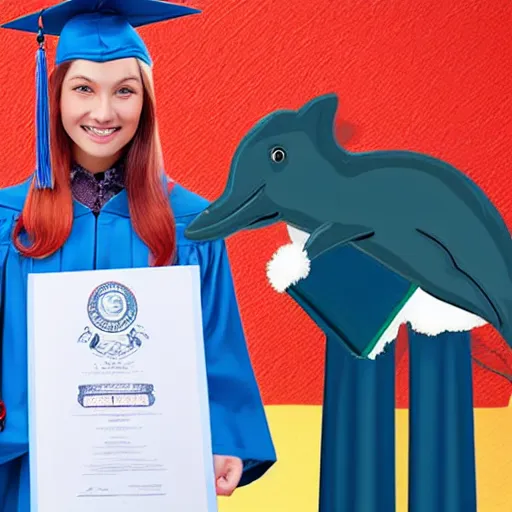 Prompt: photo of a dolphin in a cap and gown, accepting a high school diploma