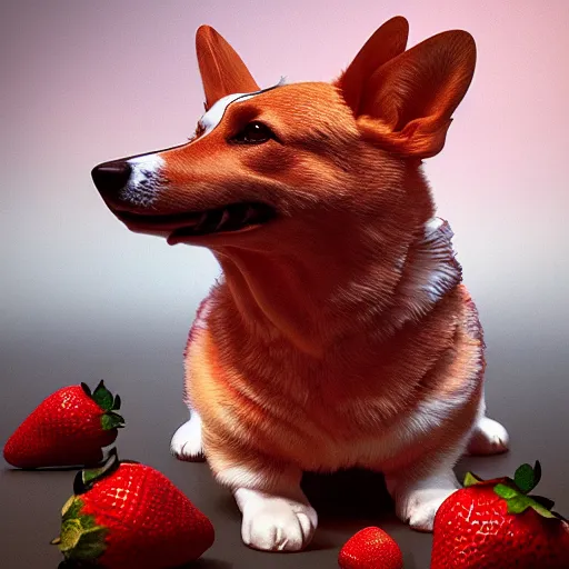 Image similar to corgi with strawberry skin : by michal karcz, daniel merriam, victo ngai and guillermo del toro : ornate, dynamic, particulate, intricate, elegant, highly detailed, centered, artstation, smooth, sharp focus, octane render