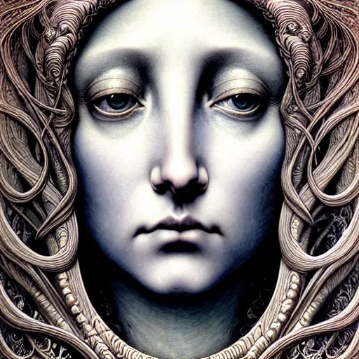 Image similar to detailed realistic beautiful moon goddess face portrait by jean delville, gustave dore, iris van herpen and marco mazzoni, art forms of nature by ernst haeckel, art nouveau, symbolist, visionary, gothic, neo - gothic, pre - raphaelite, fractal lace, intricate alien botanicals, ai biodiversity, surreality, hyperdetailed ultrasharp octane render