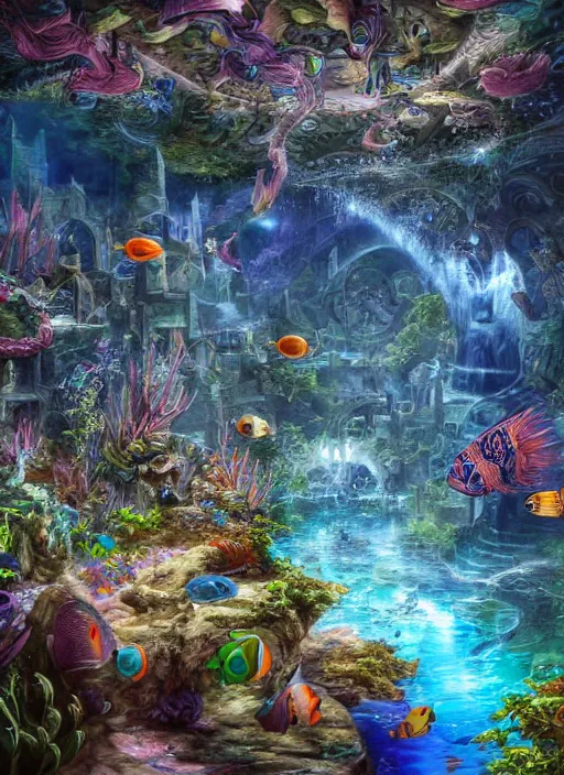 Image similar to people observing lots of beautiful fish in an underground aquarium corridor, in the style of james mccarthy, fantasy art, ray tracing, water droplets, highly detailed, artstation trend, highly detailed and intricate, sharp focus, photography, unreal engine 5