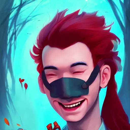 Image similar to a portrait of a cinematic still of the happy mask salesman with red hair, art by lois van baarle and loish and ross tran and rossdraws and sam yang and samdoesarts and artgerm and saruei and disney, digital art, highly detailed, intricate, sharp focus, trending on artstation hq, deviantart, unreal engine 5, 4 k uhd image