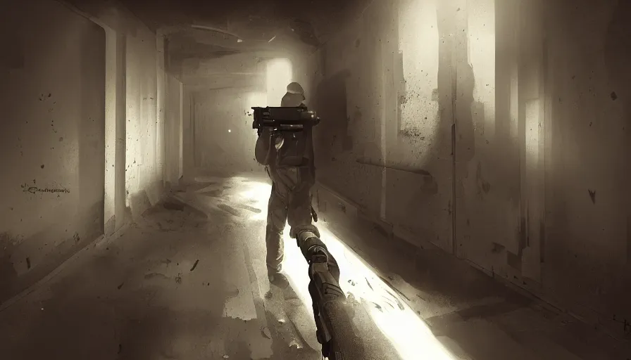 Image similar to man with riflegun and flashlight walking into a dark white dirty corridor, dust on the floor, tags on the wall, darkness, flashlight, hyperdetailed, artstation, cgsociety, 8 k