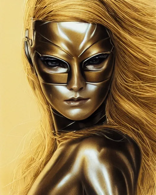 Image similar to golden pencil drawing of beautiful robot - cat woman face, goddess, beautiful blonde hair flying in the wind, hyper realistic face, in the style of greg rutkowski, fantasy, amazing detail, epic, elegant, smooth, sharp focus, from the front