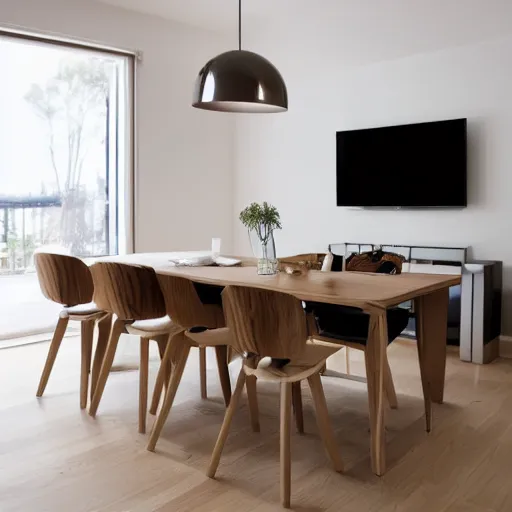 Prompt: luxurious oak table with coffee in a modern white zen minimalist apartment