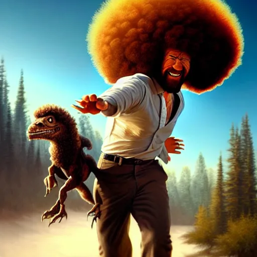 Prompt: bob ross!!! riding!!! a raptor!!, giant afro!, model pose, ultra realistic, concept art, intricate details, highly detailed, photorealistic, octane render, 8 k, unreal engine. art by artgerm and greg rutkowski and alphonse mucha