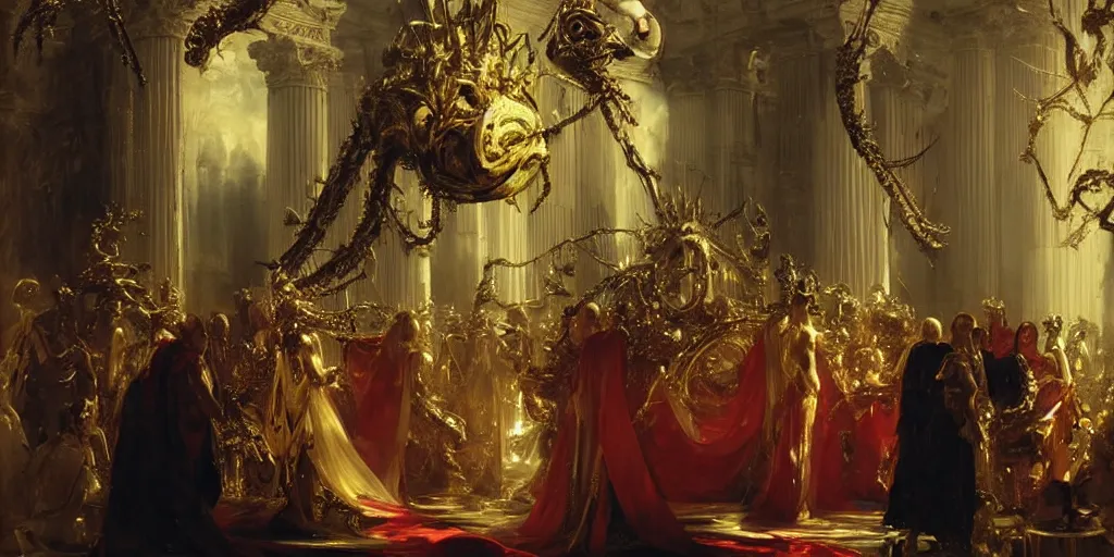 Prompt: beautiful oil painting, alien in royal crimson robes enthroned as the alien god emperor of ancient civilization surrounded by servants in gilded halls a golden wreath upon his head, by anders zorn, wonderful masterpiece by greg rutkowski, beautiful cinematic light, american romanticism, by thomas lawrence, greg rutkowski