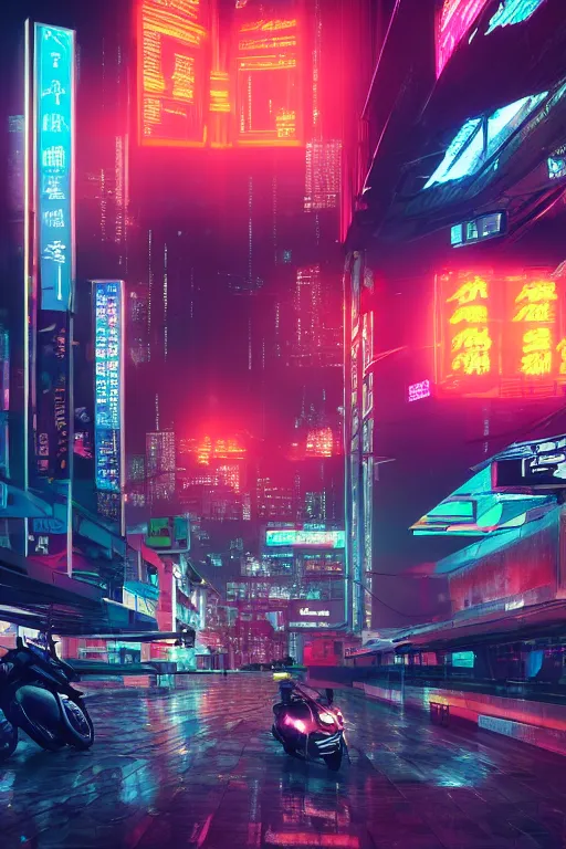 Image similar to Futuristic Asian city at night with rain, Cyberpunk style, Motorcycle, Neon lights, Matte paiting, cinematic lighting, corona render, smoke, light rays, 8k