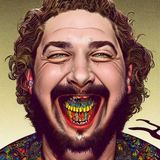 Prompt: portrait of post malone laughing, symmetrical, by yoichi hatakenaka, masamune shirow, josan gonzales and dan mumford, ayami kojima, takato yamamoto, barclay shaw, karol bak, yukito kishiro