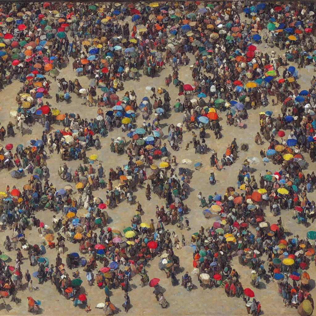 Prompt: dagomey officials with flat colorful umbrellas in ahomey's huge main square, from above, 1905, highly detailed, oil on canvas, by ilya repin