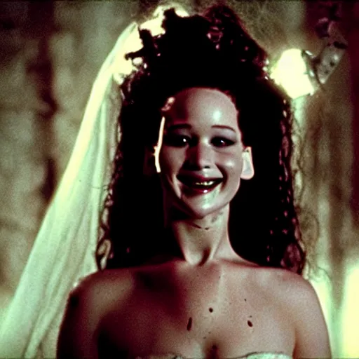 Image similar to jennifer lawrence as the bride of frankenstein, color photography, sharp detail, clever smile, still from the movie van helsing