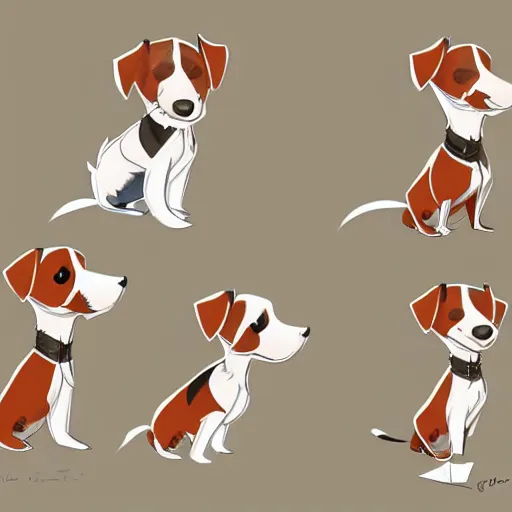 Prompt: cute jack russel terrier, concept art, character sheet, character design, by cory loftis