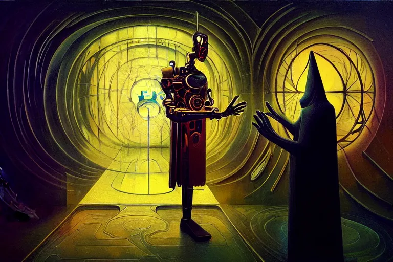 Image similar to a beautiful masterpiece painting of a cybernetic wizard discussing sentience with his AI by Remedios Varo and Anato Finnstark and Greg Rutkowski