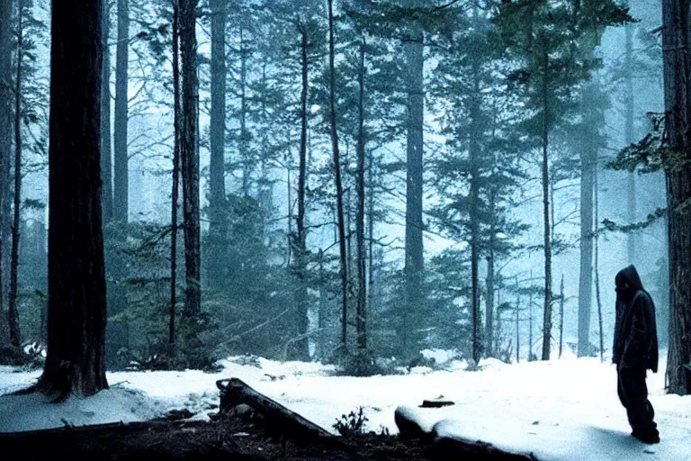 Prompt: film still of cabin in woods, cinematic, moody, gritty neon noir by emmanuel lubezki