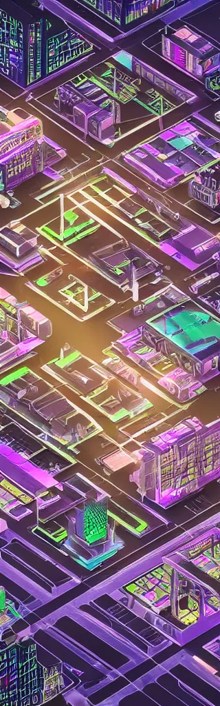 Image similar to a digital matte painting of a complex isometric architecture made of circuit boards and embedded LEDs in a busy modern city, #isometric