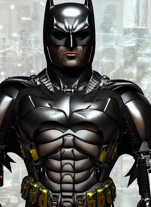 Image similar to hyper realistic batman in a obsidian metal armor, futuristic design, designed by makoto kobayashi and luca zampriolo, portrait, cyberpunk style, wood and gold details, intricate, extremely detailed, ornate, deep of field, hard surface, exoskeleton, substance designer metal unreal engine. amazing likeness. very detailed.