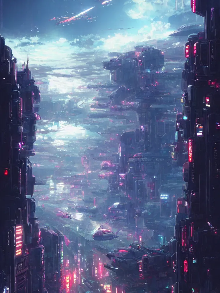 Prompt: Beautiful Epic scene of a beautiful gigantic futuristic military spacecraft carrier above a futuristic Tokyo style military city, by Greg Rutkowski and Krenz Cushart and Pan_Ren_Wei and Hongkun_st and Bo Chen and Enze Fu and WLOP and Alex Chow, Madhouse Inc., anime style, crepuscular rays, set in rainy futuristic cyberpunk Tokyo street, dapped light, dark fantasy, cgsociety, trending on artstation