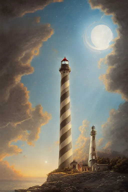 Prompt: Detailed Exterior Shot of Serene Lighthouse of Alexandria, light of god, moonlight shafts, flock of birds, summer atmosphere, in Style of Peter Mohrbacher, cinematic lighting