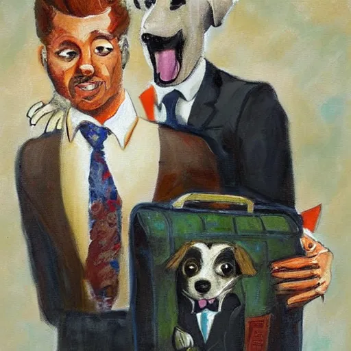 Prompt: A beautiful painting of a man, with what appears to be a dog, in a business suit with a suitcase. The man's eyes are wide and his mouth is open, as if he is screaming. The dog is also in a business suit and is looking at the man with a perplexed expression. The background is a swirl of colors and shapes. studio lighting, light violet by Wim Wenders straight