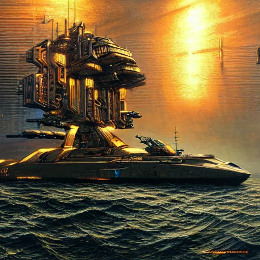 Prompt: cyberpunk battleship hovering, atmospheric lighting, painted, intricate, golden hour, ultra detailed by peter gric, giger, enki bilal