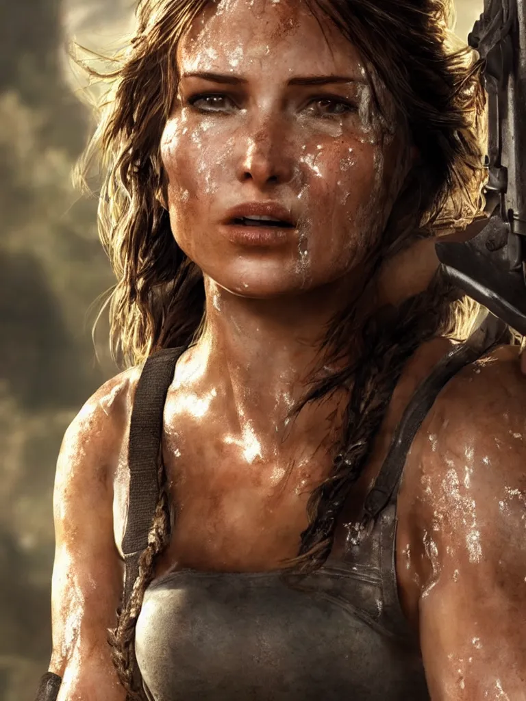 Prompt: a film still of lara croft as cowgirl, her face flushing and sweat, direct sun light, close up potrait, cinematic,