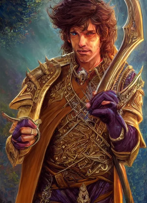 Prompt: male bard playing harp, ultra detailed fantasy, dndbeyond, bright, colourful, realistic, dnd character portrait, full body, pathfinder, pinterest, art by ralph horsley, dnd, rpg, lotr game design fanart by concept art, behance hd, artstation, deviantart, hdr render in unreal engine 5