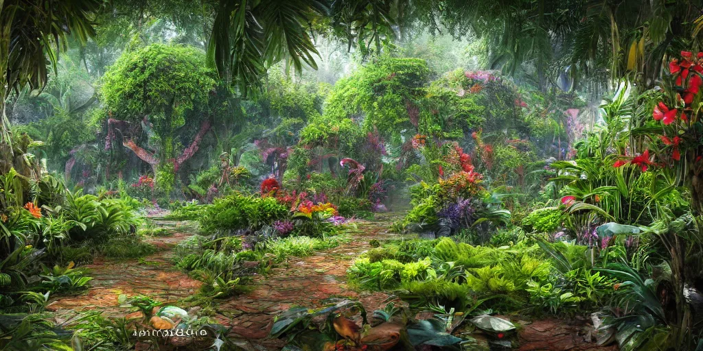 Image similar to An alien jungle, colorful flowers, pathway, reflection, rain, morning light, photorealistic, realistic, depth of field, temple ruins!, high definition, soft light, high definition, detailed, 8k, artstation