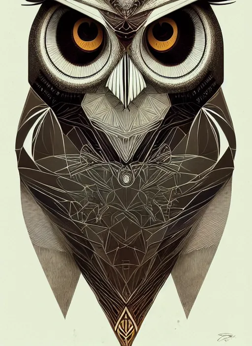 Image similar to portrait of a geometric owl, identical eyes, medium shot, illustration, full body made of white feathers, symmetrical, art stand, super detailed, cinematic lighting, and its detailed and intricate, gorgeous, by peter mohrbacher