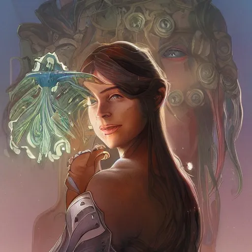 Image similar to cyborg, female, fantasy, bioluminiscence, flowing hair, portrait, highly detailed, digital painting, beautiful eyes, symmetry, concept art, sharp focus, illustration, art by artgerm and greg rutkowski and magali villeneuve and ilya kuvshinov! : : alphonse mucha : : - 0. 2