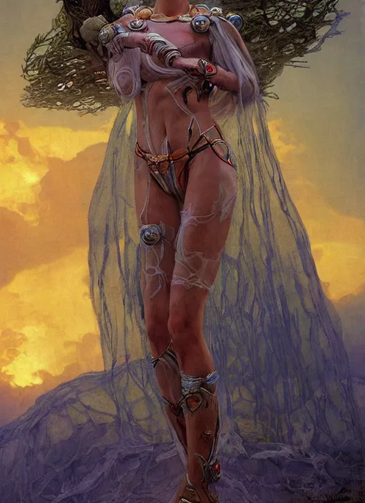 Image similar to biblical beautiful female druid android with transparent skin, bright glowing veins, in clouds, sunset, studio light, by mikhail vrubel, by gerald brom, by peter elson, muted colors, extreme detail, reflections, trending on artstation, 8 k