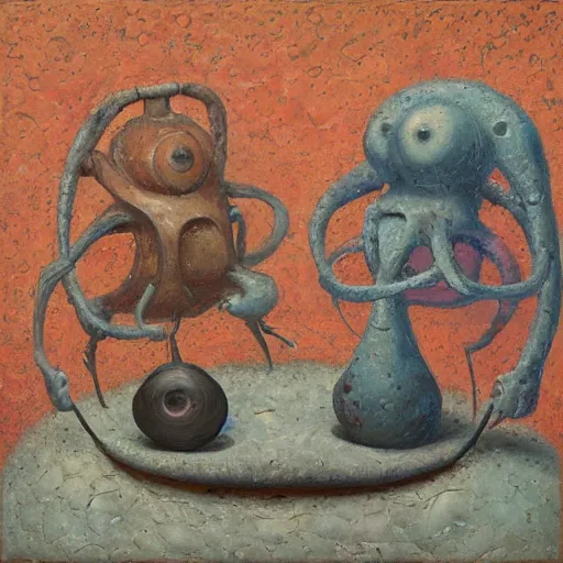 Prompt: a detailed, impasto painting by shaun tan and louise bourgeois of an abstract forgotten sculpture by ivan seal and the caretaker, weirdcore folk album cover
