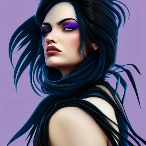 Prompt: a stunning upper body portrait of a beautiful woman with raven hair blowing in the wind by marvel comics, digital art, trending on artstation