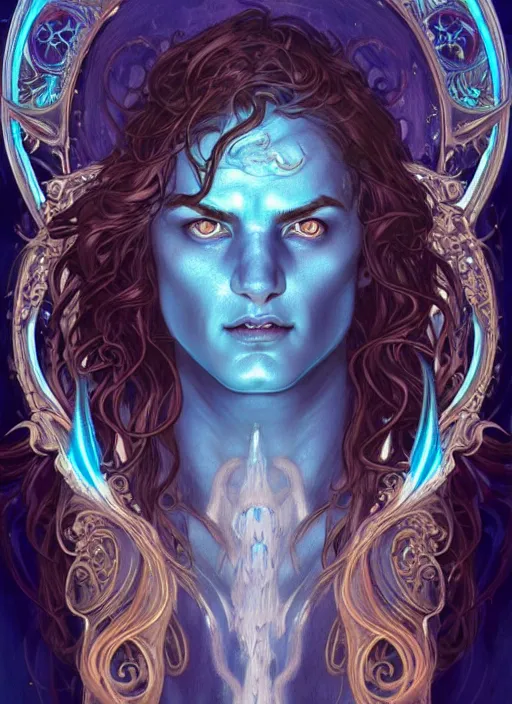 Image similar to the god poseidon, water hair, glowing eyes, volumetric lights, blue and cyan scheme, art nouveau botanicals, gothic, intricate, highly detailed, digital painting, artstation, concept art, smooth, sharp focus, symmetric face, illustration, art by artgerm and greg rutkowski and alphonse mucha