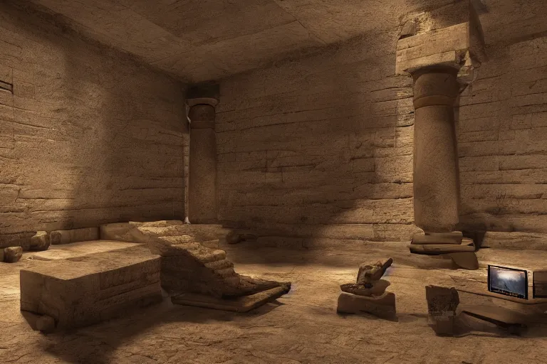 Image similar to ancient egyptian gaming setup, 4 k, hd, concept art