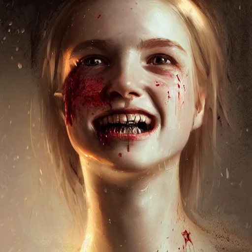 Prompt: epic portrait of a beautiful girl with an unnaturally wide smile, high detail, horror smile, sharp focus, beautiful!, scary!, bloody, dewy skin, ethereal, painting, concept art, warm lighting, greg rutkowski