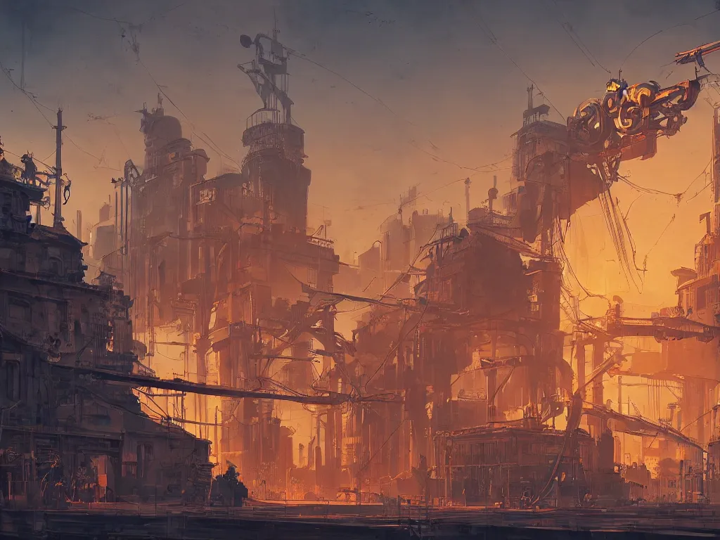 Prompt: a neoclassical city with huge steel constructions, machines, low sunset, dishonored, victor antonov, concept art, great composition, dramatic, orange and blue color scheme