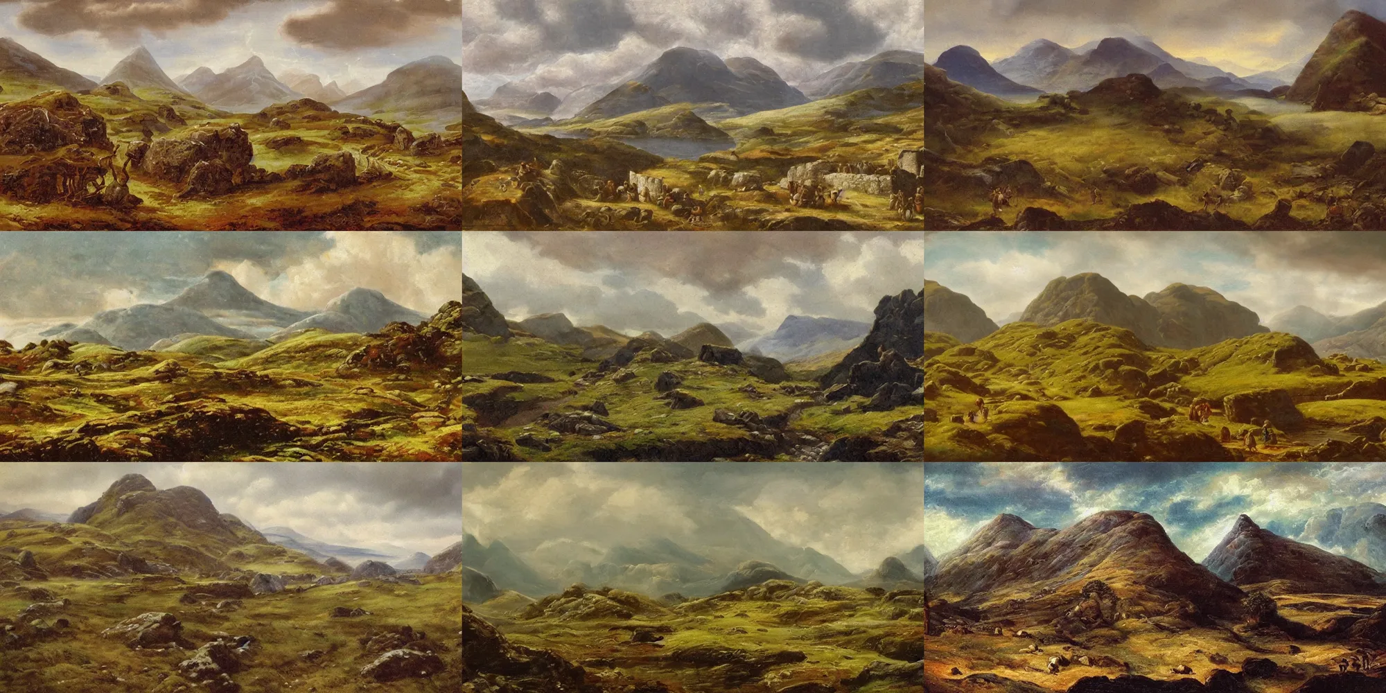 Prompt: landscape of ancient scotland during the age of the celtic picts with a small celtic pict village during late antiquity. scottish mountains and hills, cloudy and mystical, epic painting