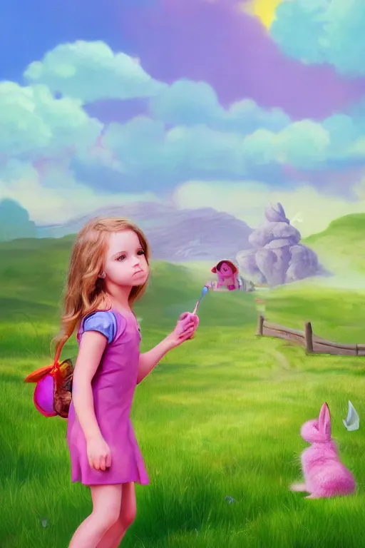 Image similar to matte sharp painting cute little girl and rabbit landscape painted by mark rydel and lisa frank, on artstation behance