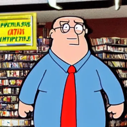 Image similar to realistic peter griffin standing in a video store in 2 0 0 2.