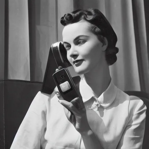 Image similar to woman in the 1 9 5 0's holding a telephone, portrait