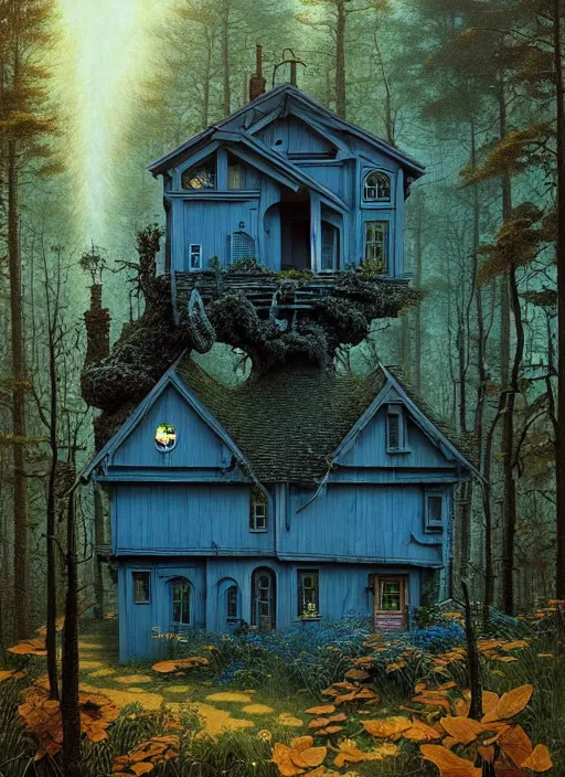 Prompt: hyper realistic witch modern architecture cottage with mood lighting and tech in the woods gorgeous lighting, blue sky, highly detailed, lush forest foliage painting by zdzisław beksinski and norman rockwell and greg rutkowskiweta studio, and lucasfilm