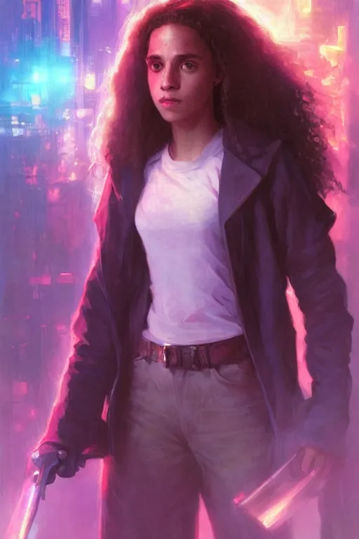 Image similar to portrait of Hermione Granger in cyberpunk, neon lighting, night city, digital art from artstation by Ruan Jia and Mandy Jurgens and Artgerm and william-adolphe bouguereau and Greg Rutkowski and Wayne Barlowe